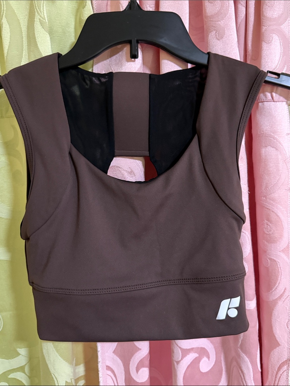 Brown Cropped Tank Top with Mesh Back and Logo